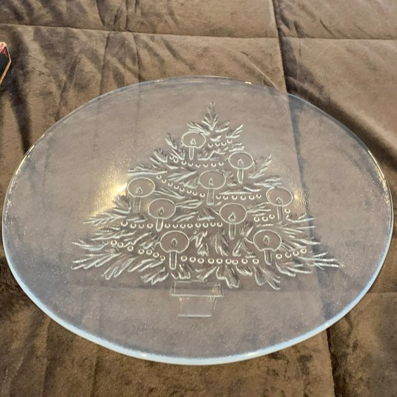 VINTAGE L.E. SMITH 13" CRYSTAL PARTY PLATE, CHRISTMAS SERVING PLATE, MADE IN USA - Picture 9 of 10
